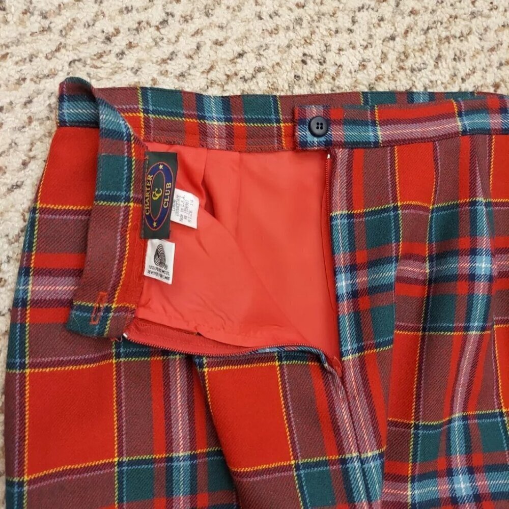Vintage Charter Club 100% New Pure Wool Plaid Mini Pencil Skirt 14 Lined Red - Picture 2 of 12